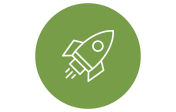 A white outline of a rocket ship icon on a green circular background.