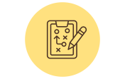 A yellow circle with a brown outline of a clipboard and pencil. The clipboard displays a strategy plan with circles, crosses, and an arrow indicating movement.