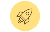 A simple line drawing of a rocket ship in an upright position with two fins and exhaust lines indicating motion, set inside a yellow circle.
