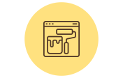 An icon showing a web browser window with a paint roller and paint bucket inside, representing website customization or design. The icon is set against a yellow circular background.