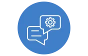 A blue circular icon with two overlapping speech bubbles. One bubble contains three horizontal lines representing text, and the other contains a gear symbol.