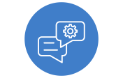 A blue circular icon with two overlapping speech bubbles. One bubble contains three horizontal lines representing text, and the other contains a gear symbol.