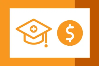 A graphic with a 3/4 bright orange background and 1/4 burn orange background with a white rectange in the center. In the center of the rectange is a bright orange outline of a graduation cap and a dollar sign.