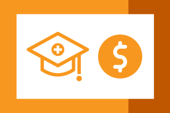 A graphic with a 3/4 bright orange background and 1/4 burn orange background with a white rectange in the center. In the center of the rectange is a bright orange outline of a graduation cap and a dollar sign.