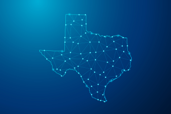 Digital illustration of the state of Texas outlined with glowing blue dots and connecting lines on a dark blue background.