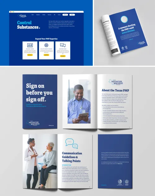 A digital rendering of the Texas prescription monitoring program website, magazine ad, and pamphlets.