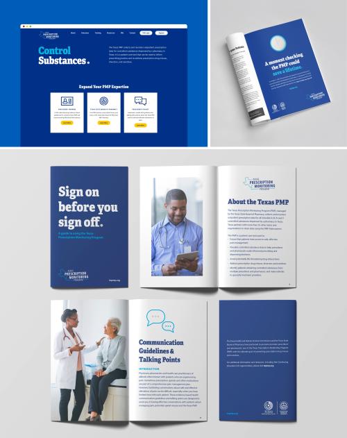 A digital rendering of the Texas prescription monitoring program website, magazine ad, and pamphlets.