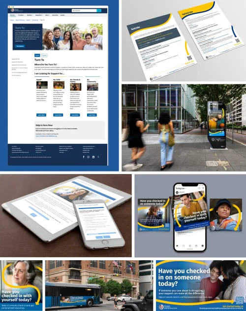 A collage of digital and print materials created by the CHC for the substance use self-screener project.