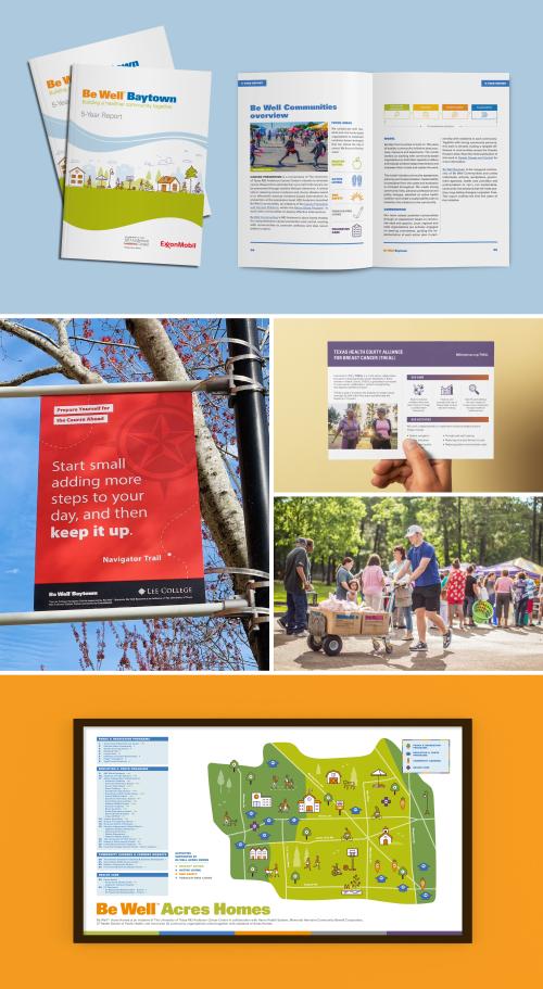 A collage of images related to the 'Be Well' community health initiative. The top row displays brochures and booklets with program information. The middle row includes a red sign promoting daily steps, a hand holding a health tips card, and a group of people at an outdoor event. The bottom row features a community map labeled 'Be Well Acres Homes' highlighting local activities and locations.