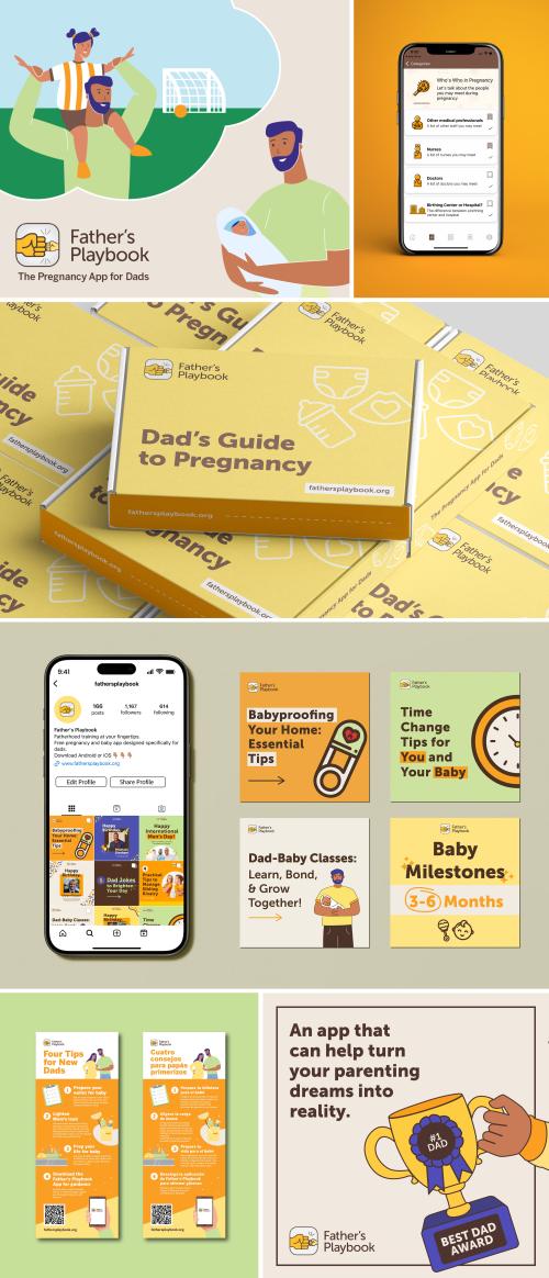 A collage of promotional materials for the 'Father's Playbook' app, a pregnancy app for dads. It includes smartphone screenshots of the app, posters with parenting tips, and graphics highlighting features like babyproofing, time change advice, baby milestones, and dad-baby classes. Illustrations show fathers engaging with their children, emphasizing the app’s supportive role.