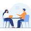 The image shows an illustration of two people sitting across from each other at a table. The person on the left is using a laptop, while the person on the right is gesturing with one hand. There is a clock on the wall in the background.