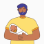 A male-presenting person in a yellow shirt holds a swaddled baby wrapped in a white blanket. The baby, with a pacifier in its mouth, appears to be sleeping.