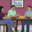 Three people sit around a round wooden table in a pink-walled room. A bowl of oranges is on the table, and a framed picture of blue flowers hangs on the wall behind them.