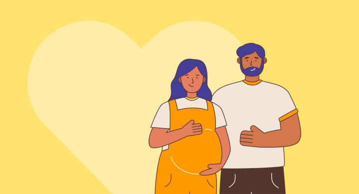 Illustration of a couple standing together against a yellow background with a large heart shape. The person on the left wears an orange dress and appears to be pregnant, while the person on the right wears a white shirt with orange accents.