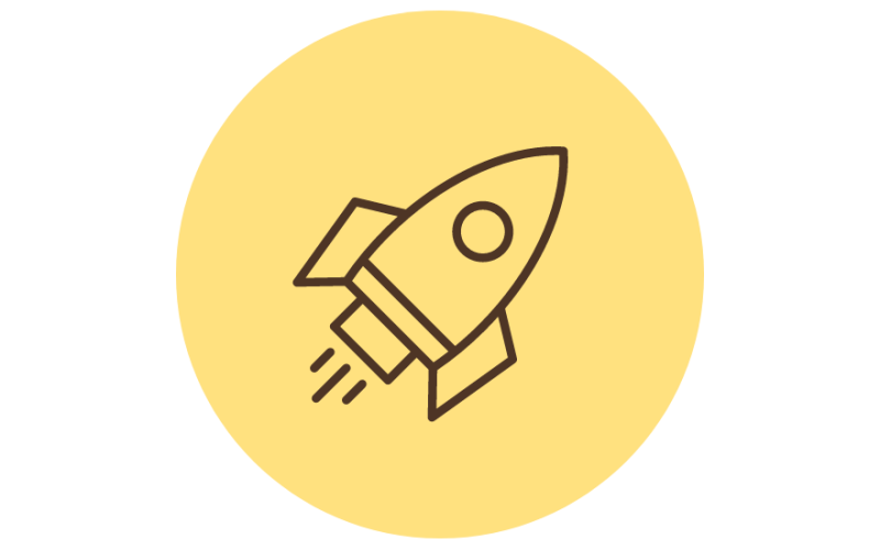 A simple line drawing of a rocket ship in an upright position with two fins and exhaust lines indicating motion, set inside a yellow circle.