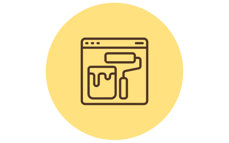 An icon showing a web browser window with a paint roller and paint bucket inside, representing website customization or design. The icon is set against a yellow circular background.